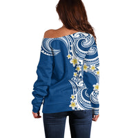 Aloha Polynesian Plumeria Flower Off Shoulder Sweater Blue Color