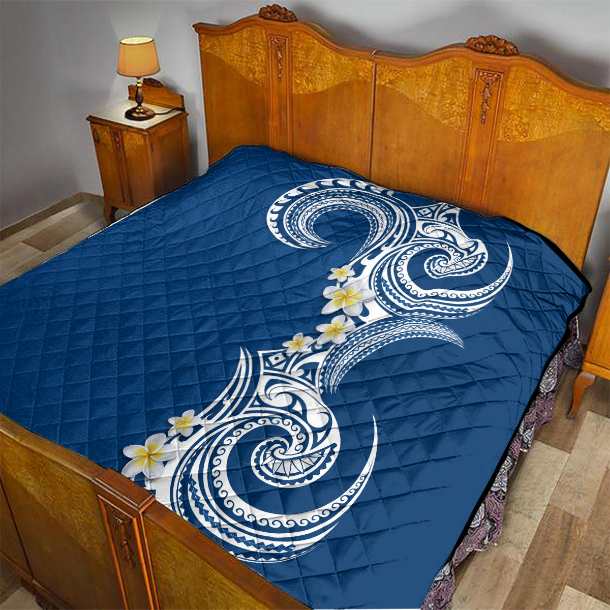 Aloha Polynesian Plumeria Flower Quilt Blue Color