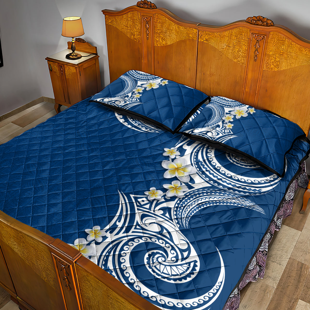 Aloha Polynesian Plumeria Flower Quilt Bed Set Blue Color