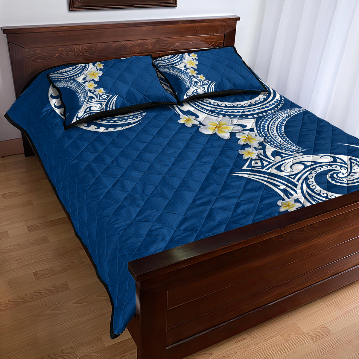 Aloha Polynesian Plumeria Flower Quilt Bed Set Blue Color