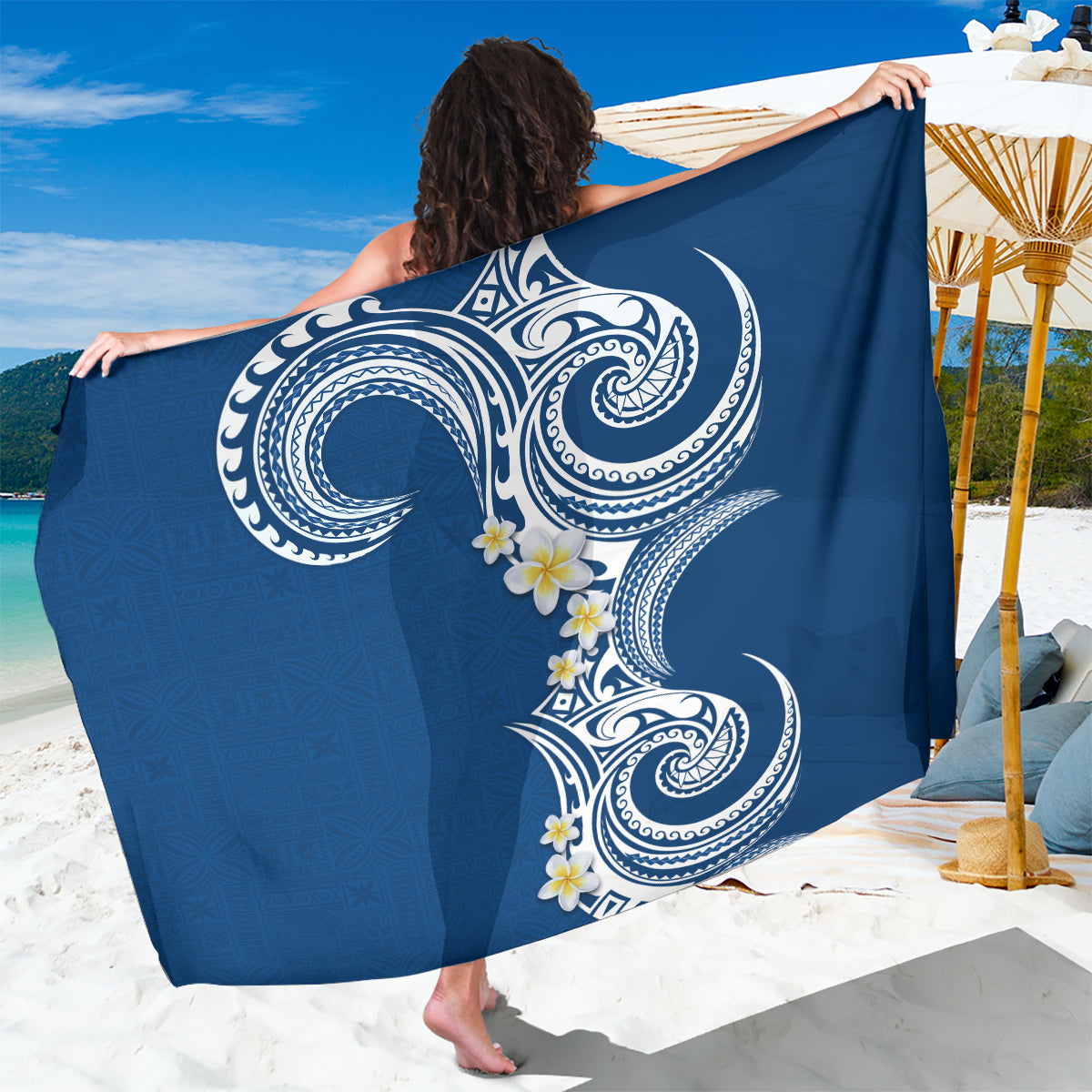 Aloha Polynesian Plumeria Flower Sarong Blue Color