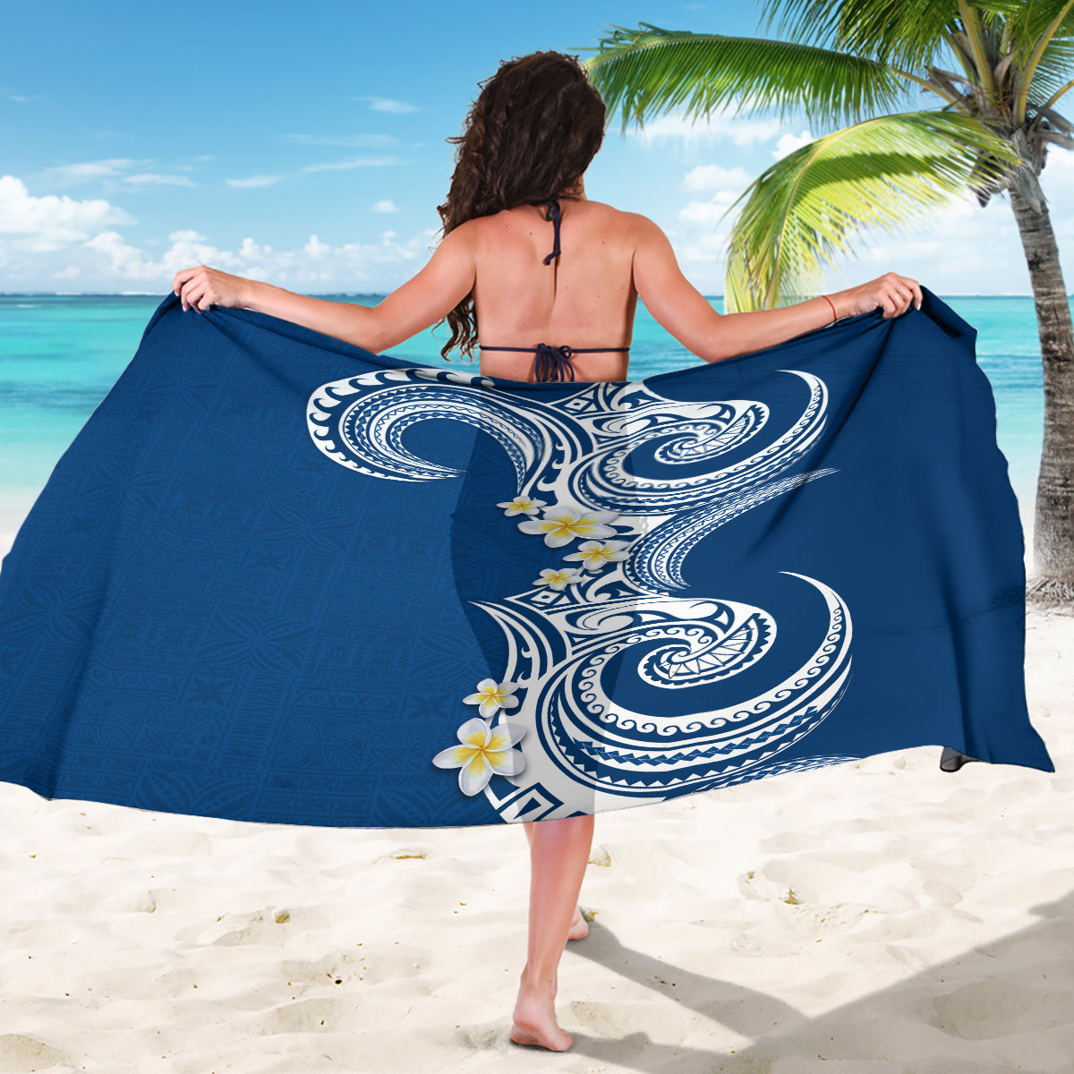 Aloha Polynesian Plumeria Flower Sarong Blue Color