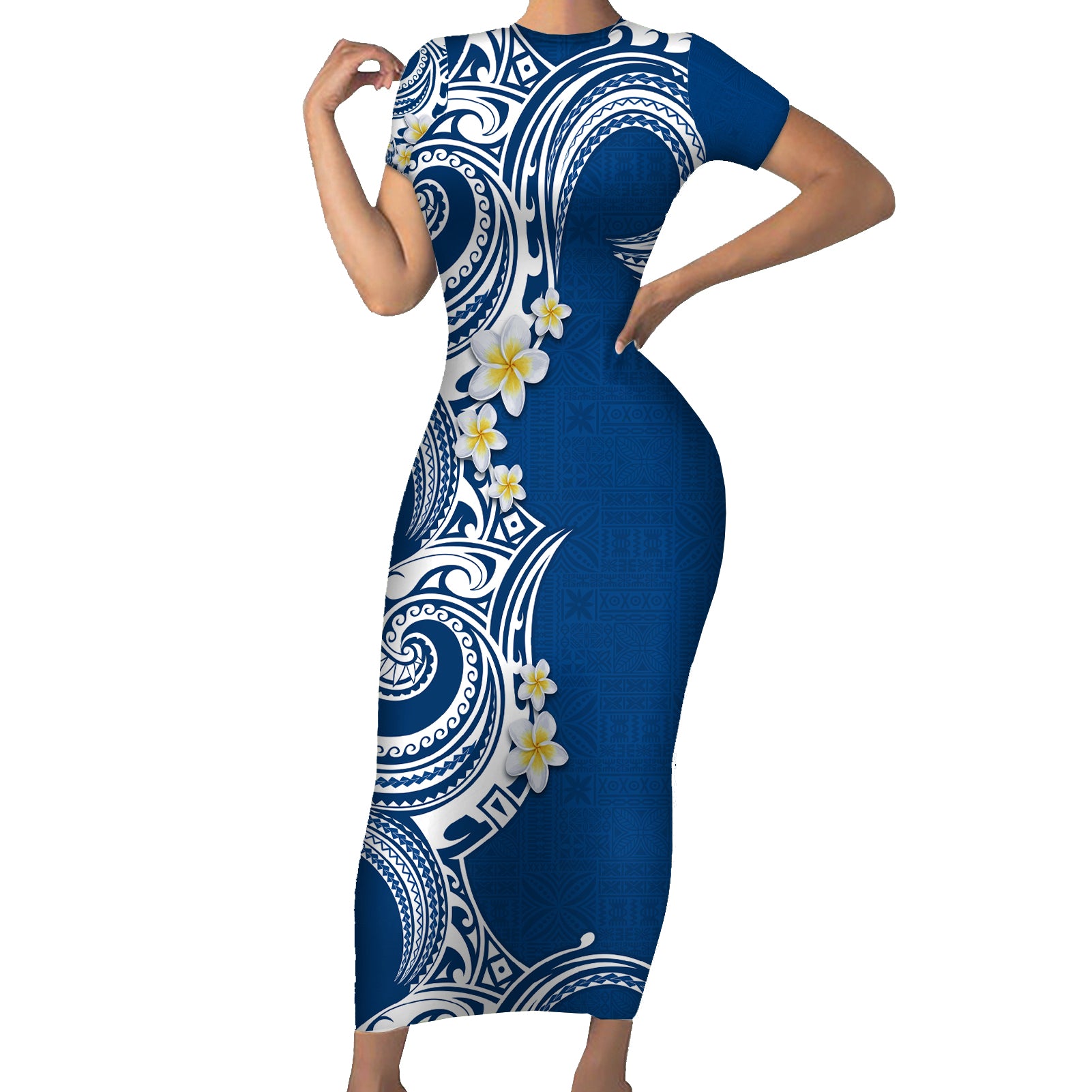 Aloha Polynesian Plumeria Flower Short Sleeve Bodycon Dress Blue Color