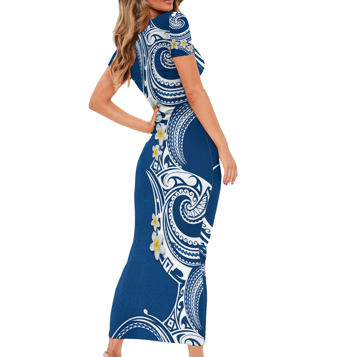 Aloha Polynesian Plumeria Flower Short Sleeve Bodycon Dress Blue Color LT03 - Polynesian Pride