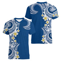 Aloha Polynesian Plumeria Flower Women V-Neck T-Shirt Blue Color