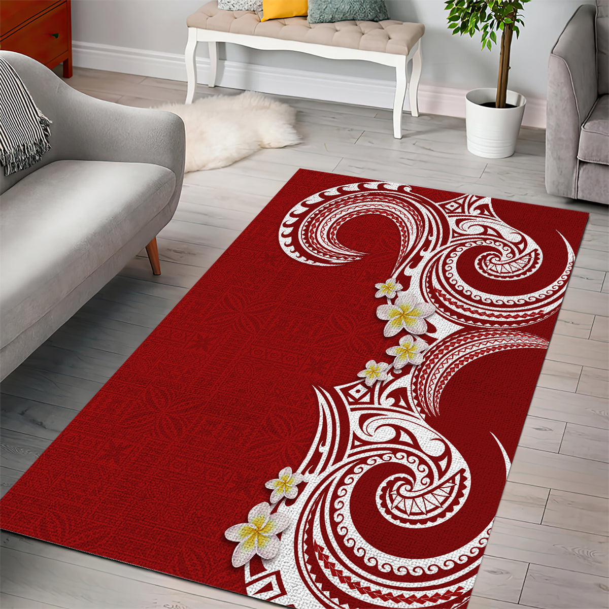 Aloha Polynesian Plumeria Flower Area Rug Red Color
