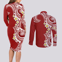 Aloha Polynesian Plumeria Flower Couples Matching Long Sleeve Bodycon Dress and Long Sleeve Button Shirt Red Color LT03 - Polynesian Pride