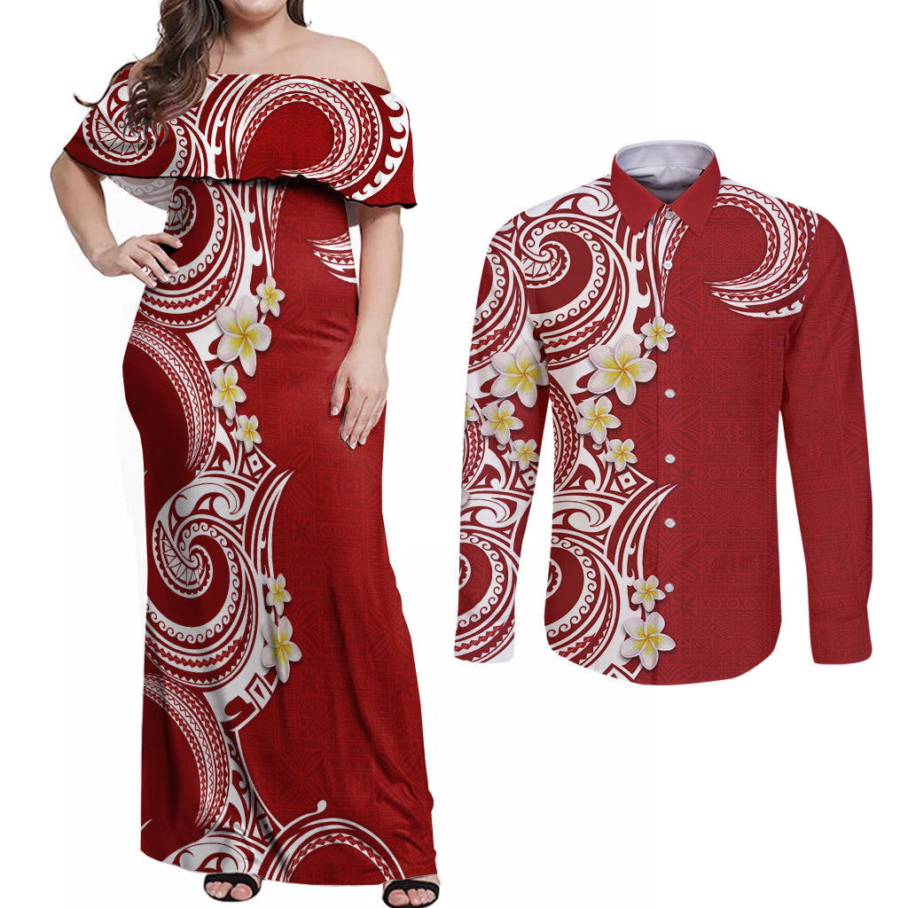 Aloha Polynesian Plumeria Flower Couples Matching Off Shoulder Maxi Dress and Long Sleeve Button Shirt Red Color LT03 Red - Polynesian Pride