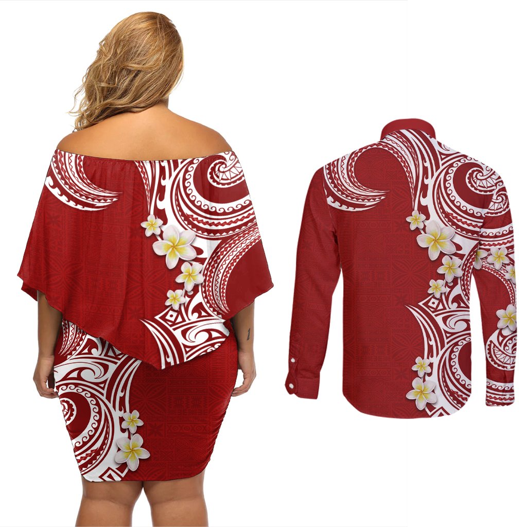 Aloha Polynesian Plumeria Flower Couples Matching Off Shoulder Short Dress and Long Sleeve Button Shirt Red Color LT03 - Polynesian Pride
