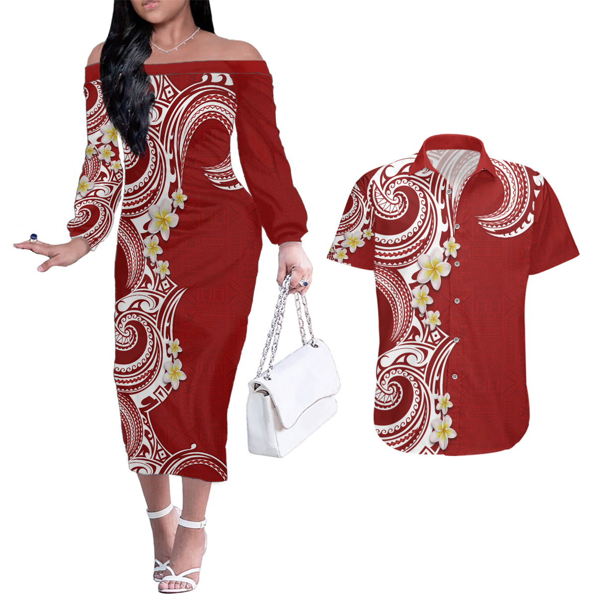 Aloha Polynesian Plumeria Flower Couples Matching Off The Shoulder Long Sleeve Dress and Hawaiian Shirt Red Color