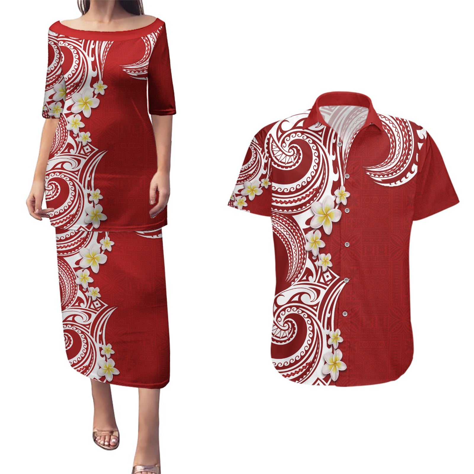 Aloha Polynesian Plumeria Flower Couples Matching Puletasi and Hawaiian Shirt Red Color