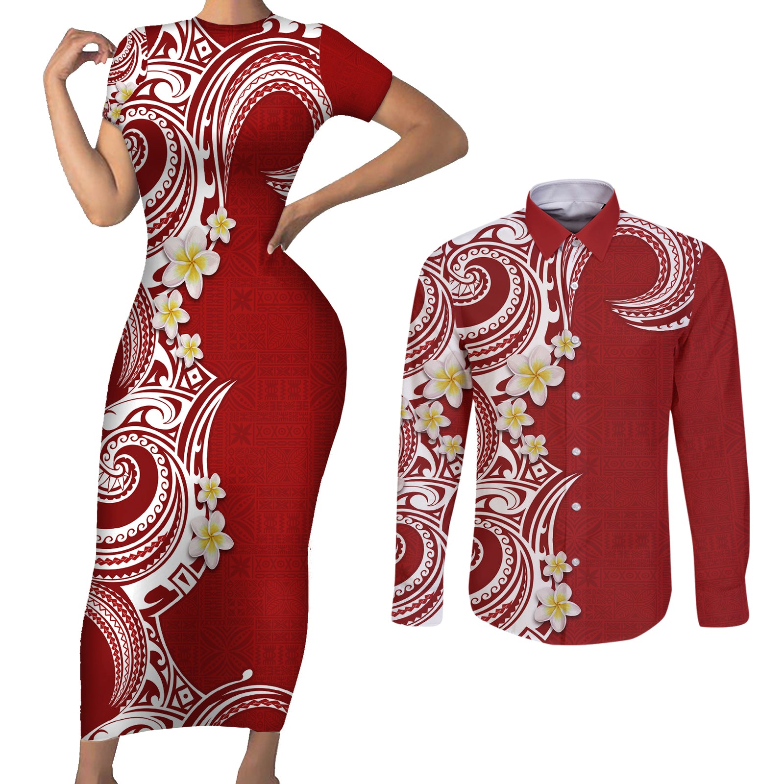 Aloha Polynesian Plumeria Flower Couples Matching Short Sleeve Bodycon Dress and Long Sleeve Button Shirt Red Color LT03 Red - Polynesian Pride