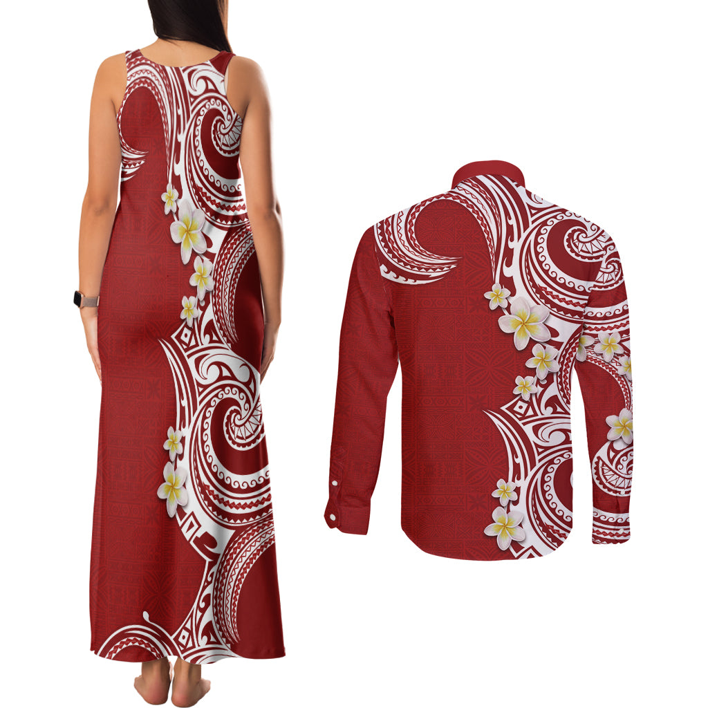 Aloha Polynesian Plumeria Flower Couples Matching Tank Maxi Dress and Long Sleeve Button Shirt Red Color LT03 - Polynesian Pride