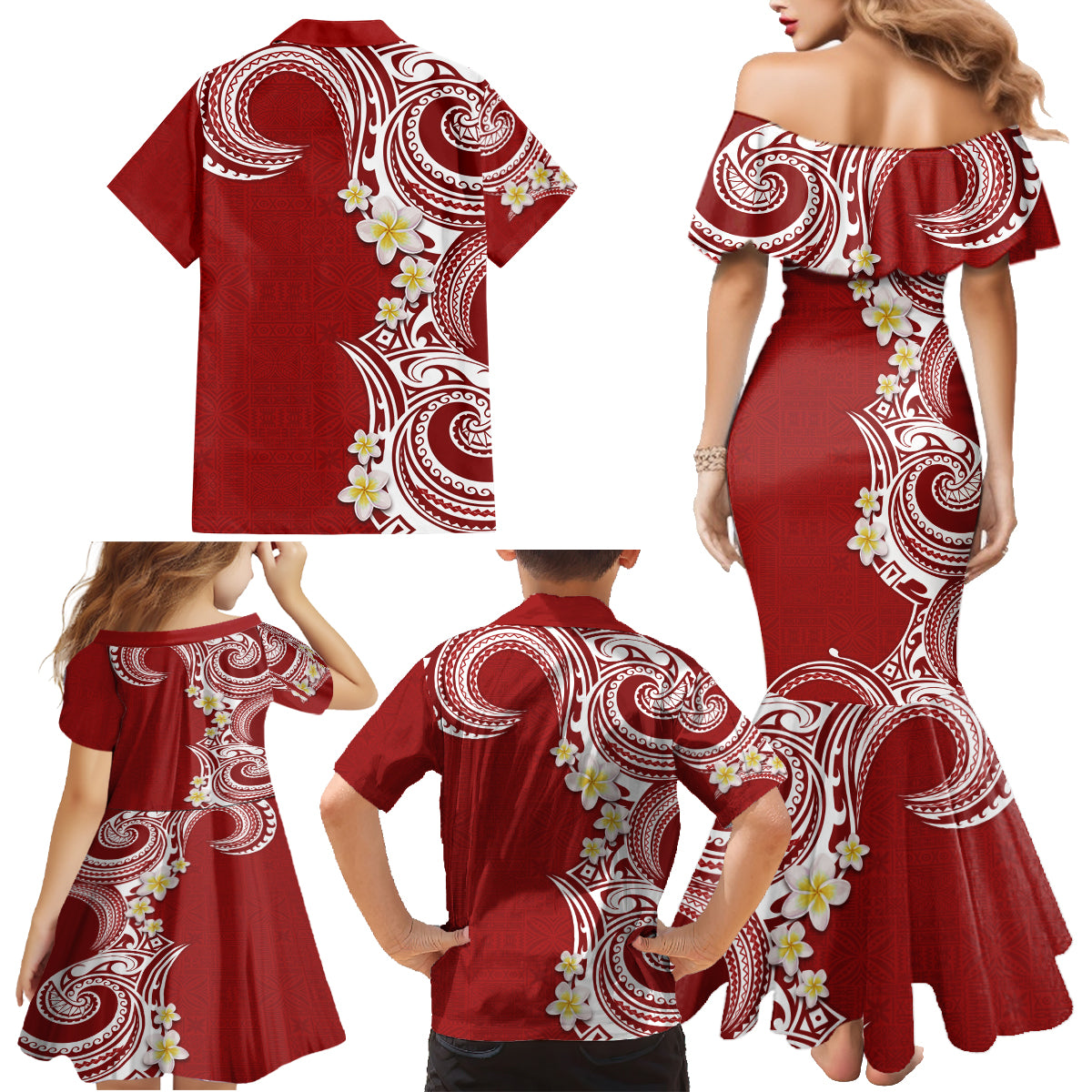 Aloha Polynesian Plumeria Flower Family Matching Mermaid Dress and Hawaiian Shirt Red Color