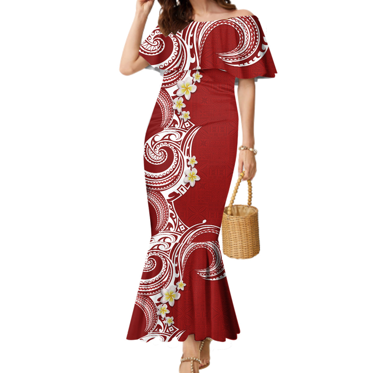 Aloha Polynesian Plumeria Flower Family Matching Mermaid Dress and Hawaiian Shirt Red Color