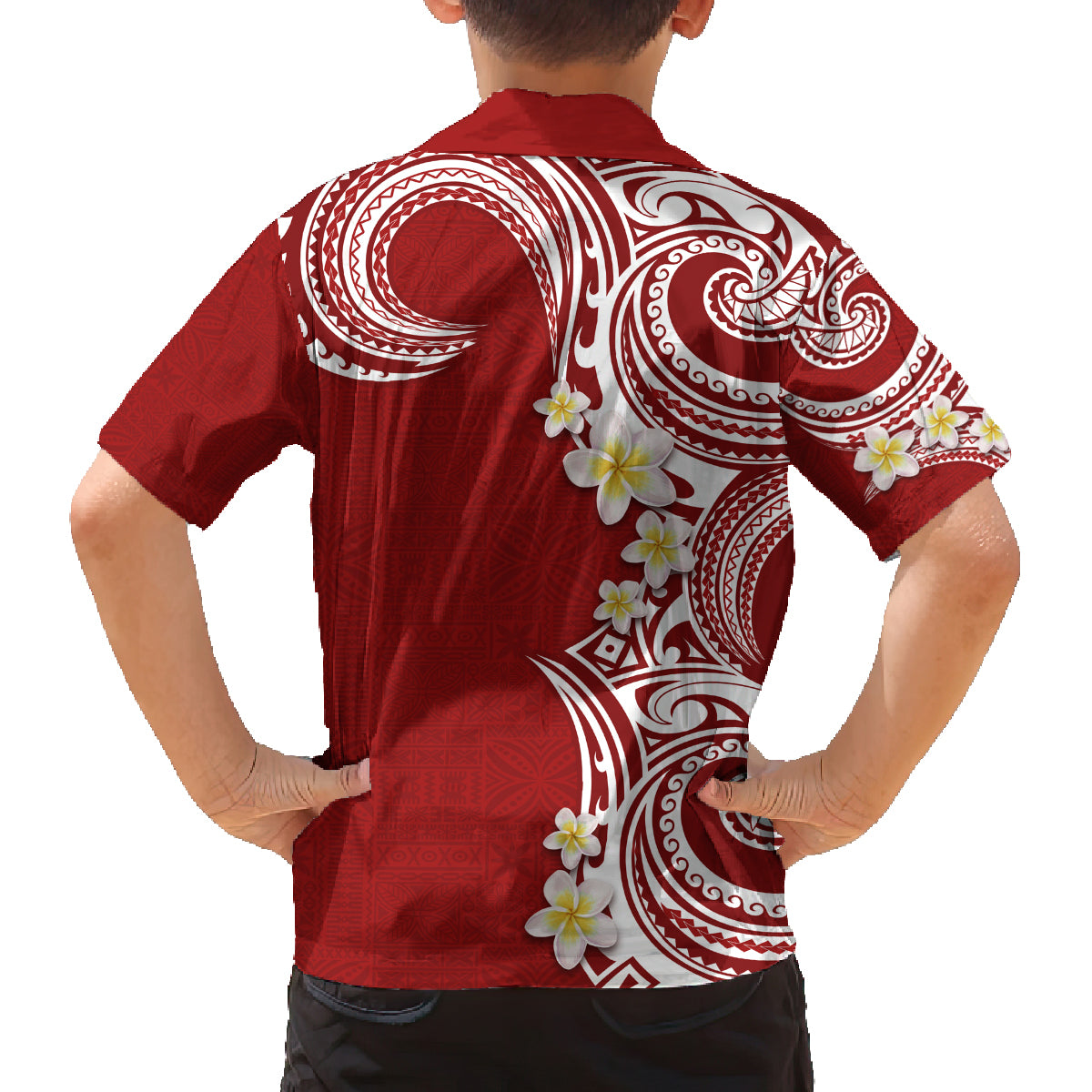 Aloha Polynesian Plumeria Flower Family Matching Off The Shoulder Long Sleeve Dress and Hawaiian Shirt Red Color LT03 - Polynesian Pride