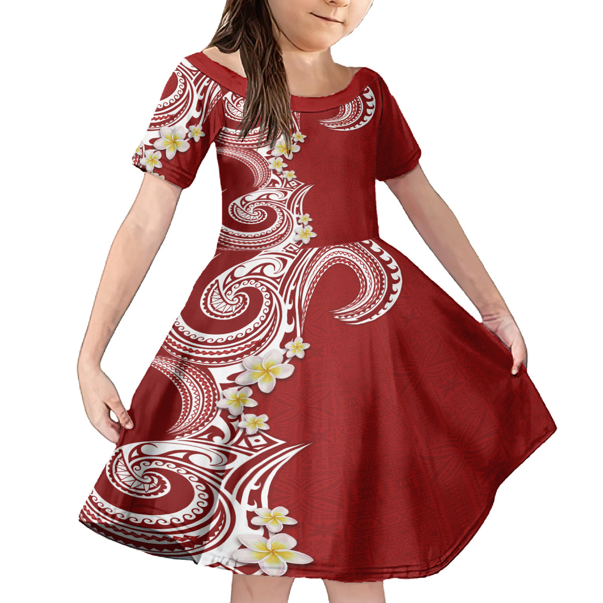 Aloha Polynesian Plumeria Flower Family Matching Off The Shoulder Long Sleeve Dress and Hawaiian Shirt Red Color LT03 Daughter's Dress Red - Polynesian Pride