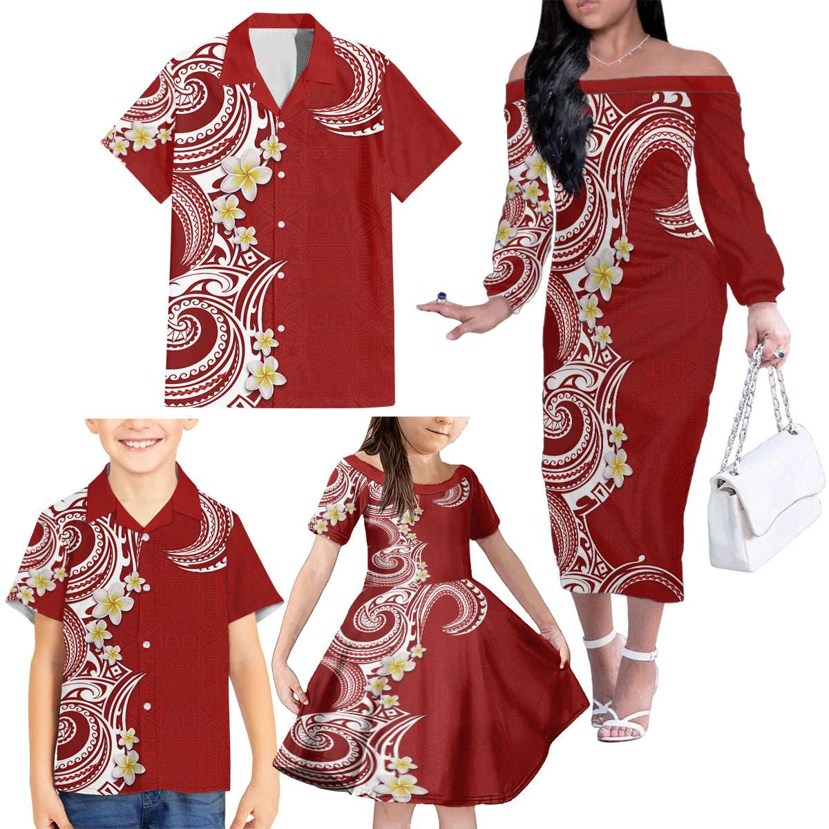 Aloha Polynesian Plumeria Flower Family Matching Off The Shoulder Long Sleeve Dress and Hawaiian Shirt Red Color LT03 - Polynesian Pride