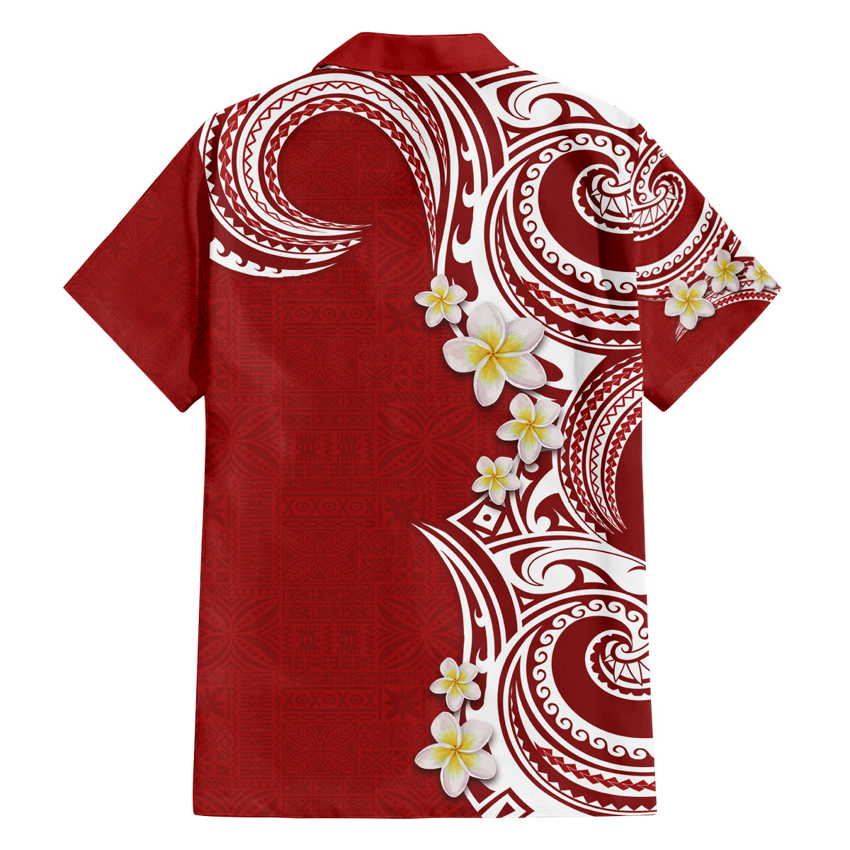 Aloha Polynesian Plumeria Flower Family Matching Off Shoulder Short Dress and Hawaiian Shirt Red Color