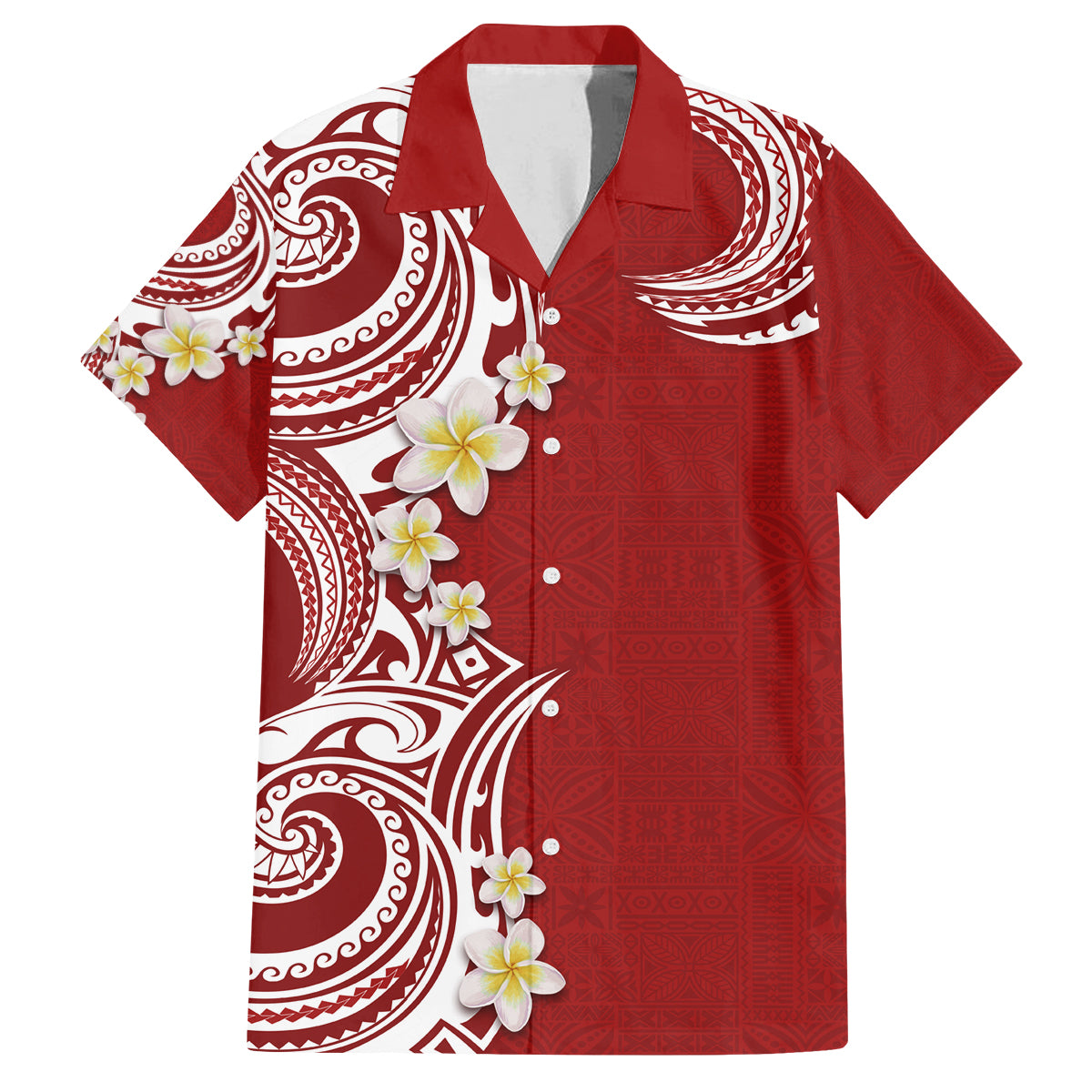 Aloha Polynesian Plumeria Flower Family Matching Summer Maxi Dress and Hawaiian Shirt Red Color LT03 Dad's Shirt - Short Sleeve Red - Polynesian Pride