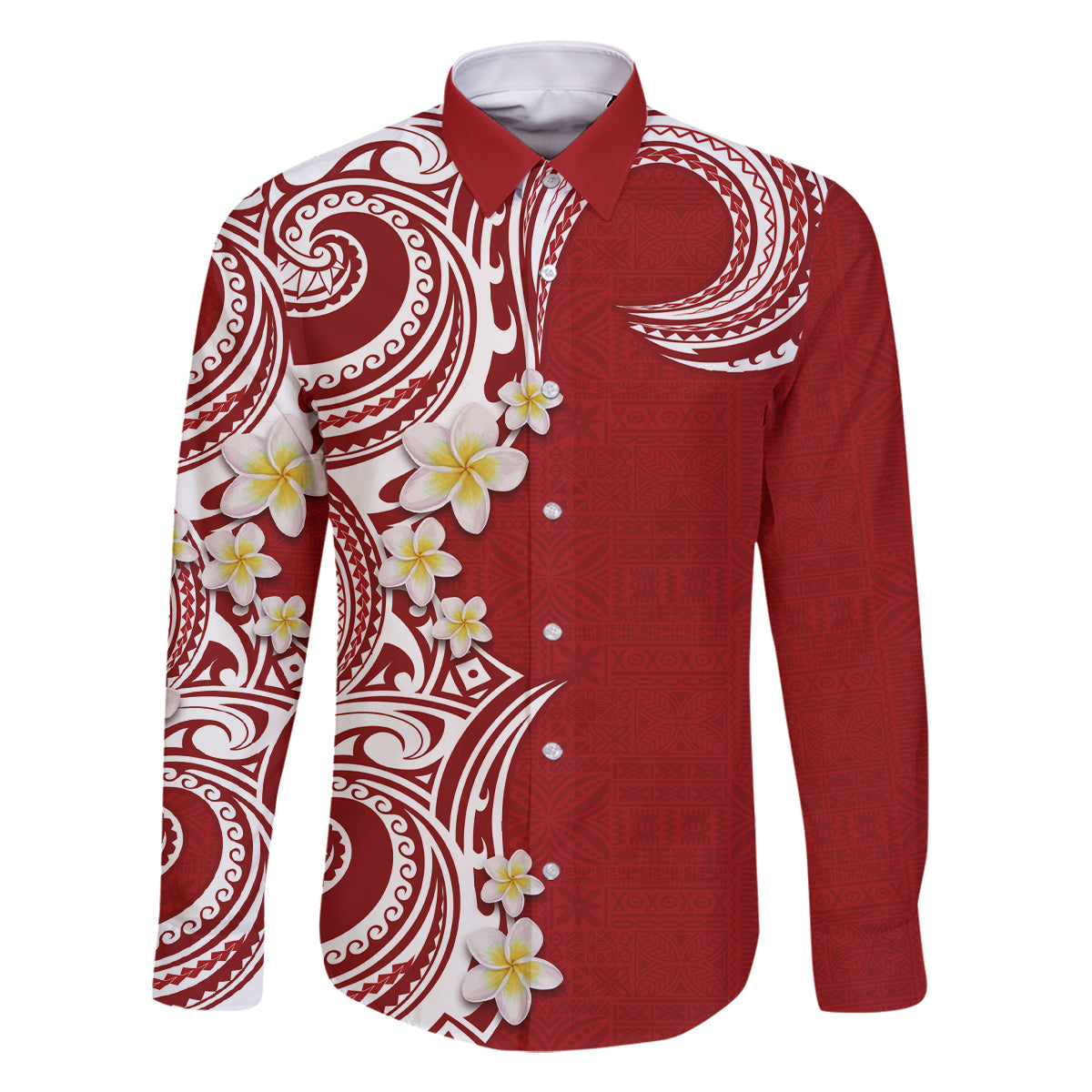 Aloha Polynesian Plumeria Flower Family Matching Summer Maxi Dress and Hawaiian Shirt Red Color LT03 Dad's Shirt - Long Sleeve Red - Polynesian Pride