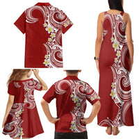 Aloha Polynesian Plumeria Flower Family Matching Tank Maxi Dress and Hawaiian Shirt Red Color