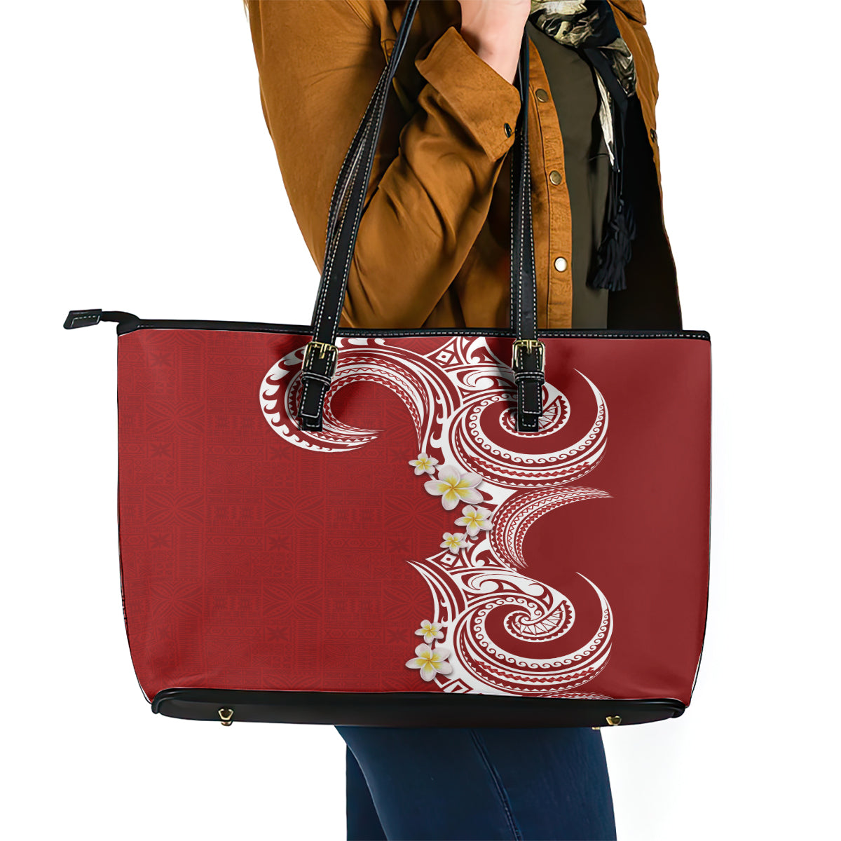 Aloha Polynesian Plumeria Flower Leather Tote Bag Red Color LT03 - Polynesian Pride