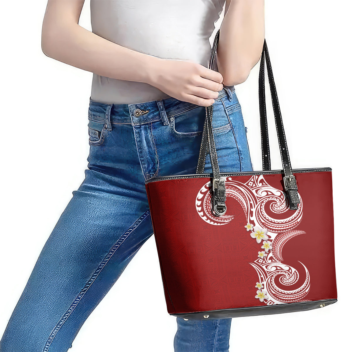 Aloha Polynesian Plumeria Flower Leather Tote Bag Red Color LT03 - Polynesian Pride