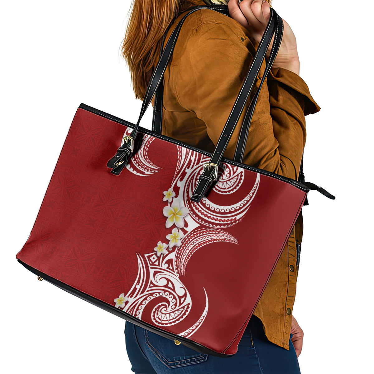 Aloha Polynesian Plumeria Flower Leather Tote Bag Red Color LT03 - Polynesian Pride
