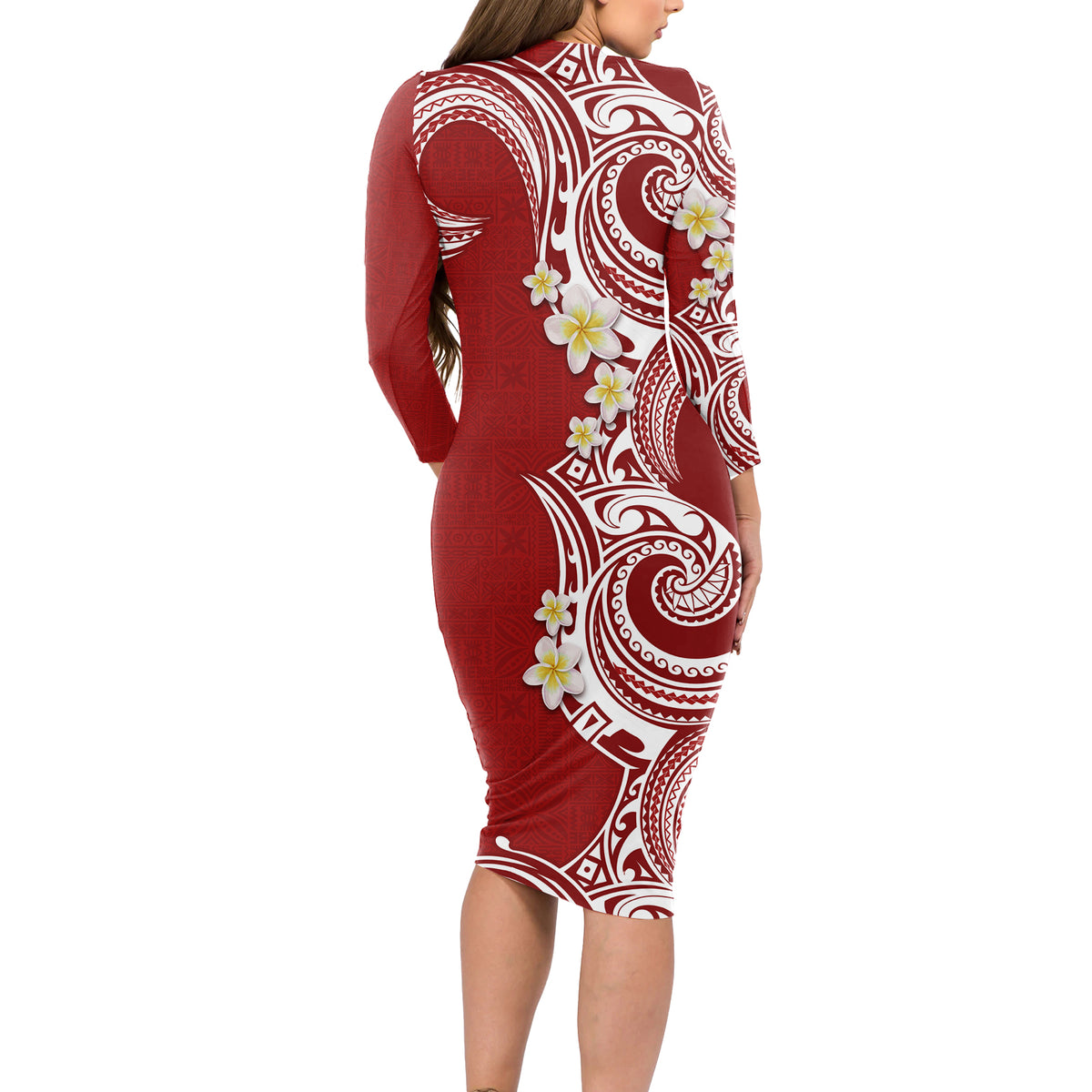 Aloha Polynesian Plumeria Flower Long Sleeve Bodycon Dress Red Color LT03 - Polynesian Pride