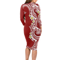 Aloha Polynesian Plumeria Flower Long Sleeve Bodycon Dress Red Color LT03 - Polynesian Pride