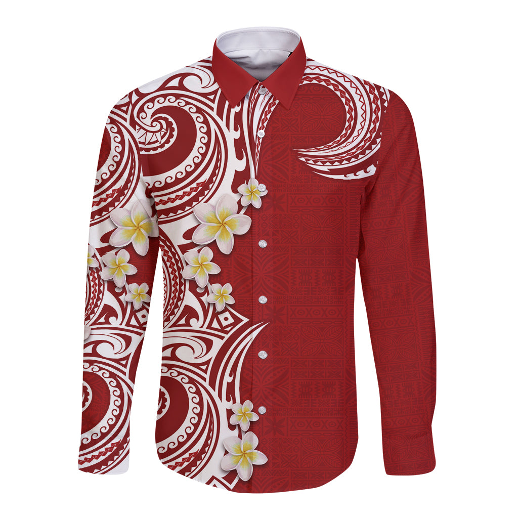 Aloha Polynesian Plumeria Flower Long Sleeve Button Shirt Red Color LT03 Unisex Red - Polynesian Pride