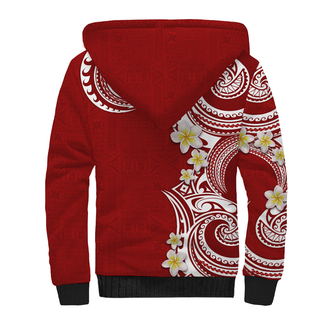 Aloha Polynesian Plumeria Flower Sherpa Hoodie Red Color
