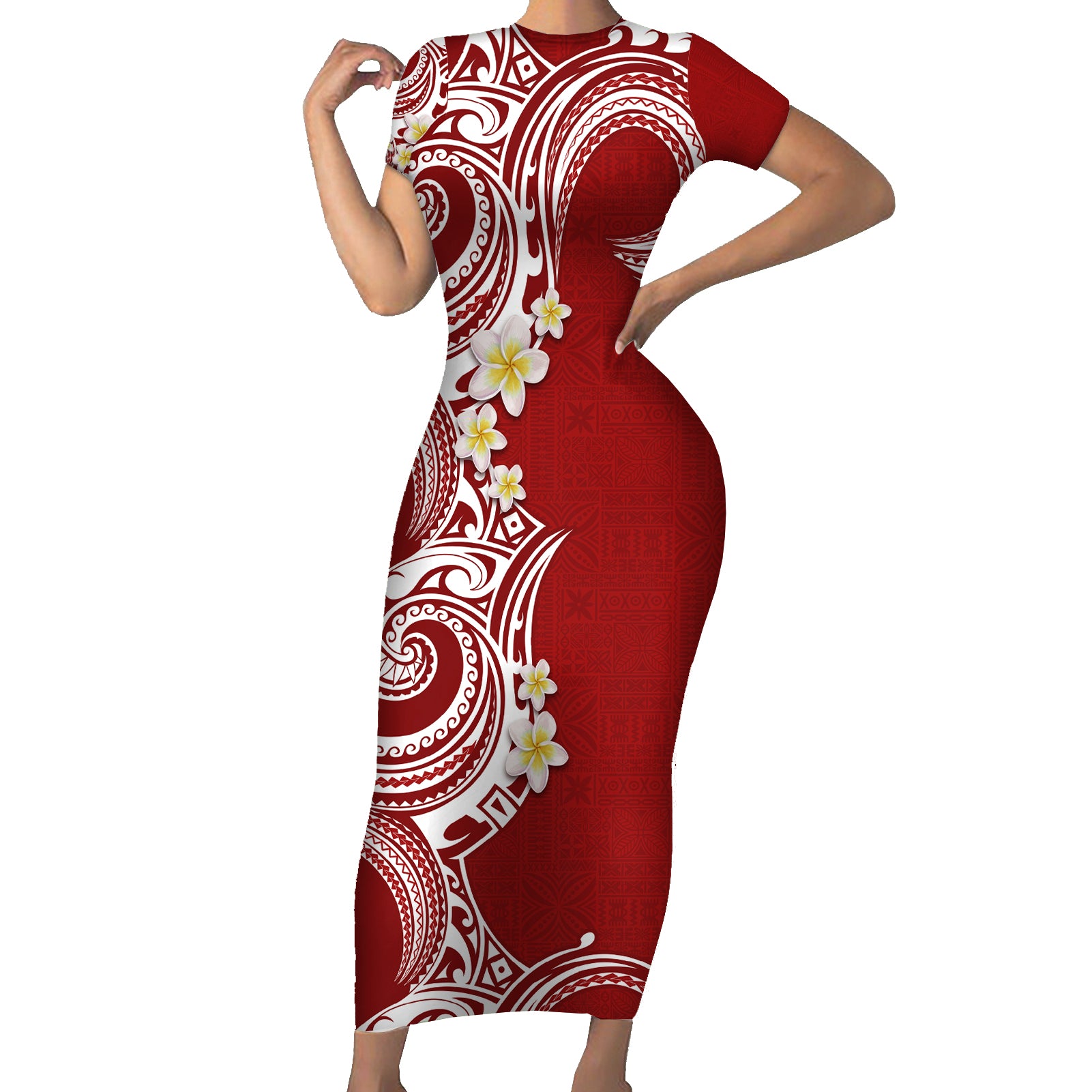 Aloha Polynesian Plumeria Flower Short Sleeve Bodycon Dress Red Color