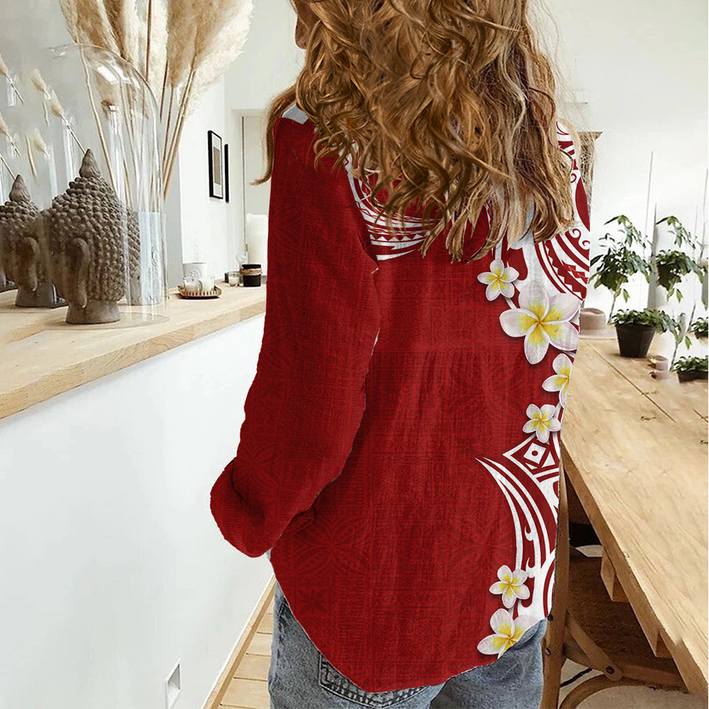 Aloha Polynesian Plumeria Flower Women Casual Shirt Red Color