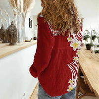 Aloha Polynesian Plumeria Flower Women Casual Shirt Red Color