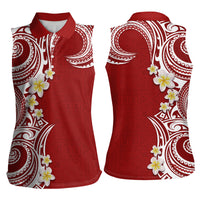 Aloha Polynesian Plumeria Flower Women Sleeveless Polo Shirt Red Color