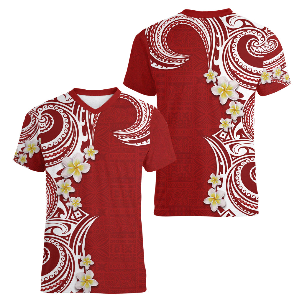 Aloha Polynesian Plumeria Flower Women V-Neck T-Shirt Red Color