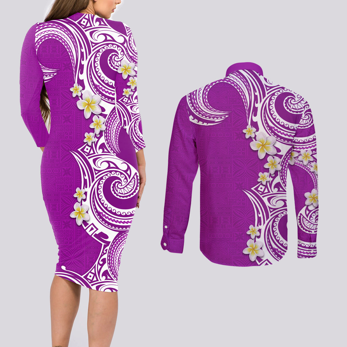 Aloha Polynesian Plumeria Flower Couples Matching Long Sleeve Bodycon Dress and Long Sleeve Button Shirt Purple Color