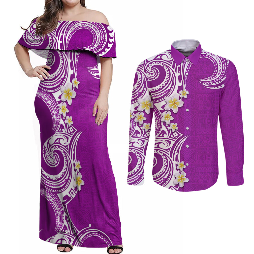 Aloha Polynesian Plumeria Flower Couples Matching Off Shoulder Maxi Dress and Long Sleeve Button Shirt Purple Color LT03 Purple - Polynesian Pride