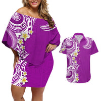 Aloha Polynesian Plumeria Flower Couples Matching Off Shoulder Short Dress and Hawaiian Shirt Purple Color