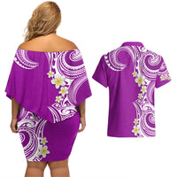 Aloha Polynesian Plumeria Flower Couples Matching Off Shoulder Short Dress and Hawaiian Shirt Purple Color