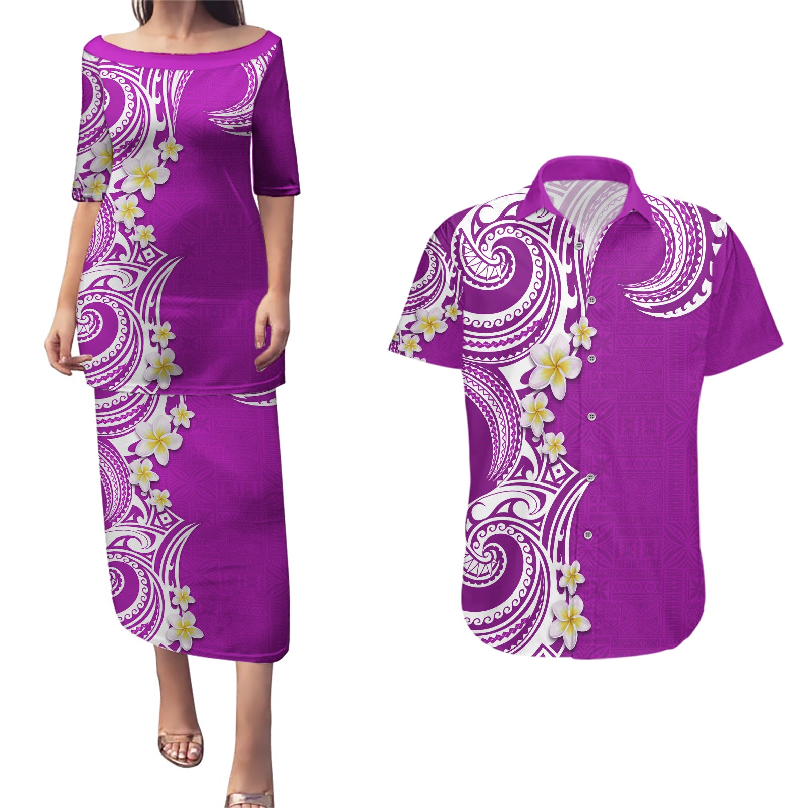 Aloha Polynesian Plumeria Flower Couples Matching Puletasi and Hawaiian Shirt Purple Color