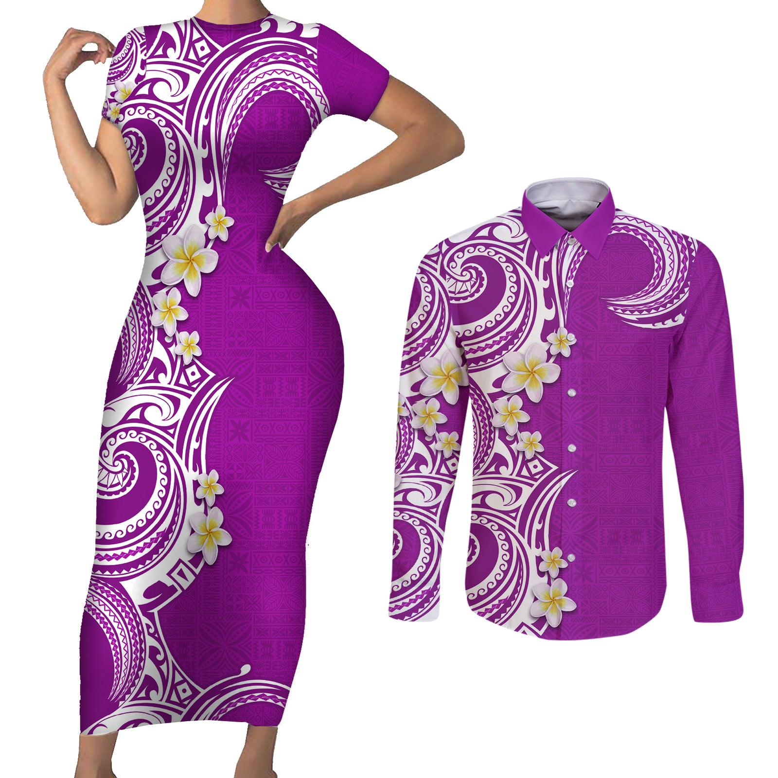 Aloha Polynesian Plumeria Flower Couples Matching Short Sleeve Bodycon Dress and Long Sleeve Button Shirt Purple Color LT03 Purple - Polynesian Pride