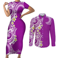 Aloha Polynesian Plumeria Flower Couples Matching Short Sleeve Bodycon Dress and Long Sleeve Button Shirt Purple Color