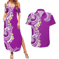 Aloha Polynesian Plumeria Flower Couples Matching Summer Maxi Dress and Hawaiian Shirt Purple Color