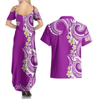 Aloha Polynesian Plumeria Flower Couples Matching Summer Maxi Dress and Hawaiian Shirt Purple Color