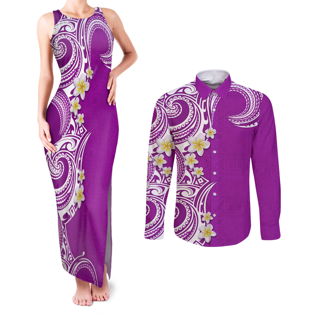 Aloha Polynesian Plumeria Flower Couples Matching Tank Maxi Dress and Long Sleeve Button Shirt Purple Color LT03 Purple - Polynesian Pride