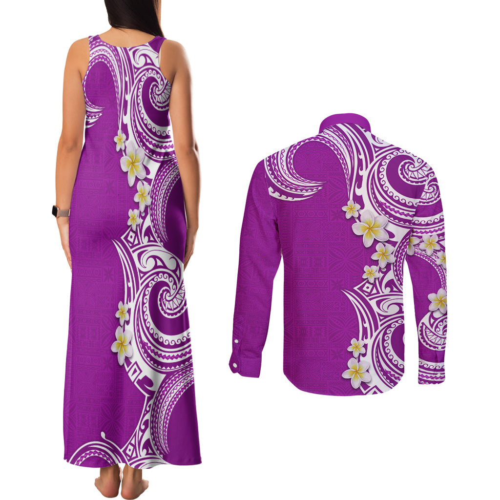 Aloha Polynesian Plumeria Flower Couples Matching Tank Maxi Dress and Long Sleeve Button Shirt Purple Color