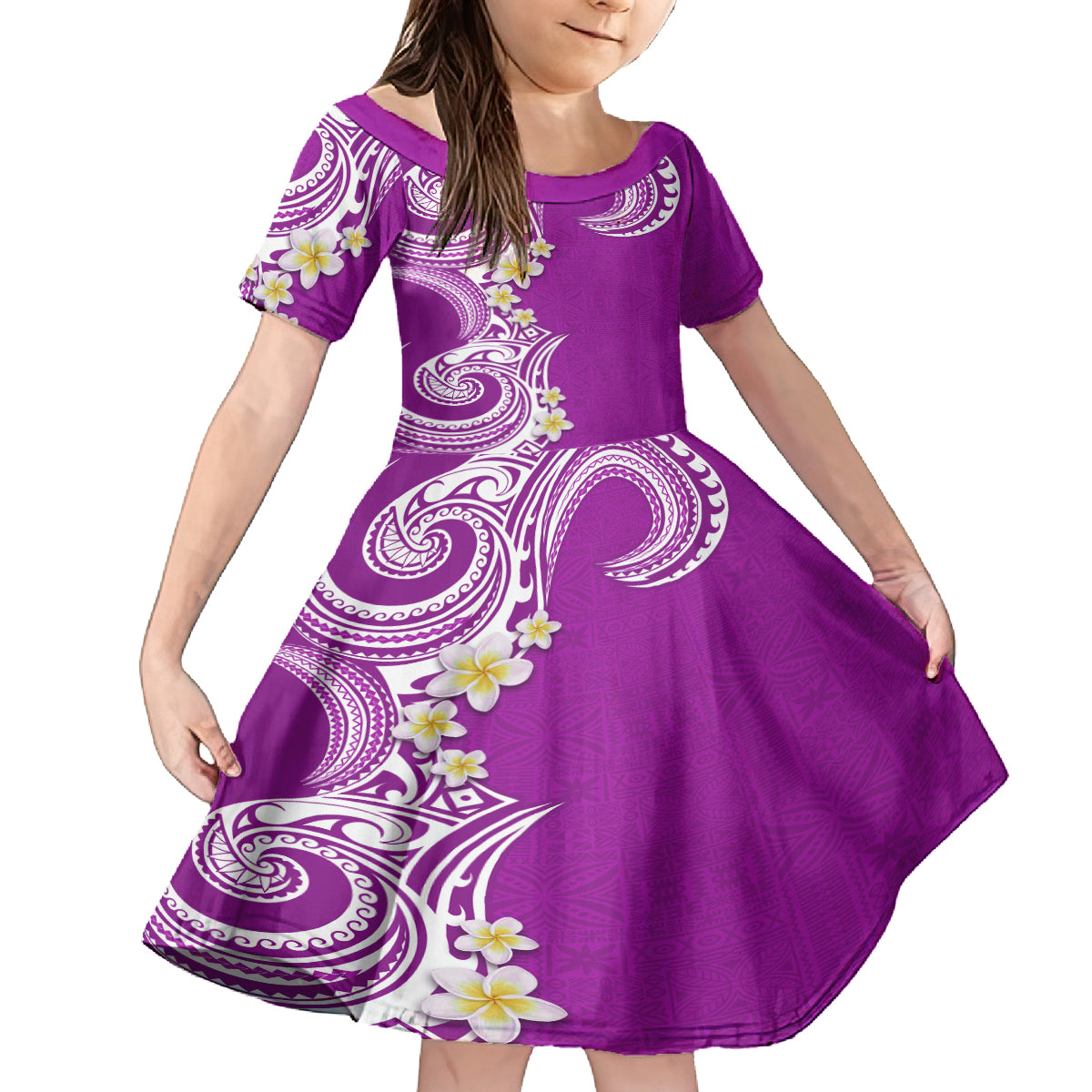 Aloha Polynesian Plumeria Flower Family Matching Off Shoulder Maxi Dress and Hawaiian Shirt Purple Color